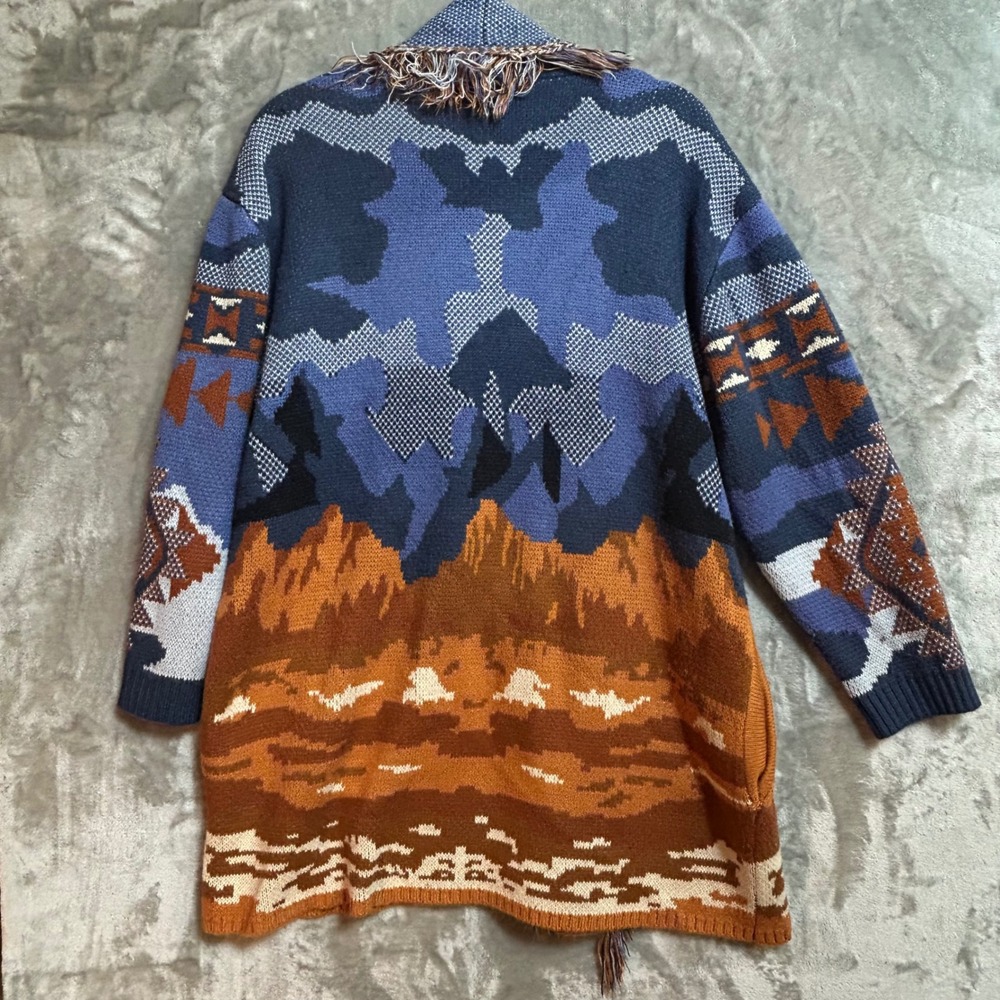 Reba Womens XL Southwest Landscape Fringe Open Front Cardigan Sweater Blue Rust - Picture 6 of 14
